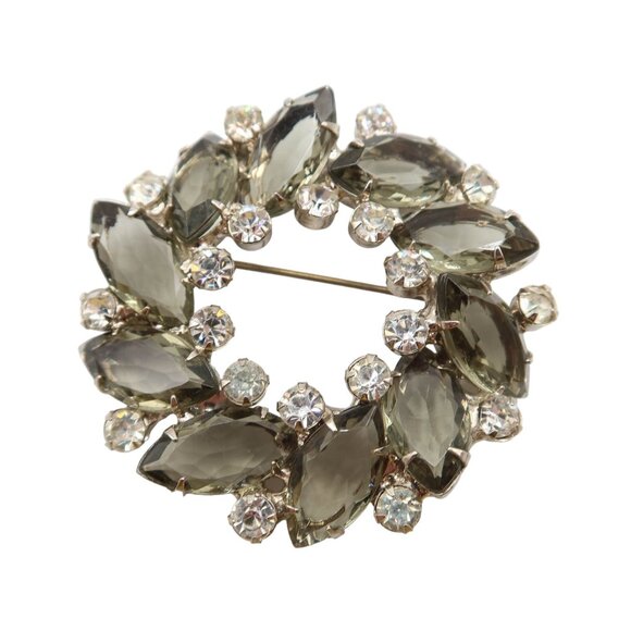 Vintage Smokey Grey Navette & Clean Round Rhinestone Round Wreath Brooch Pin 2"
